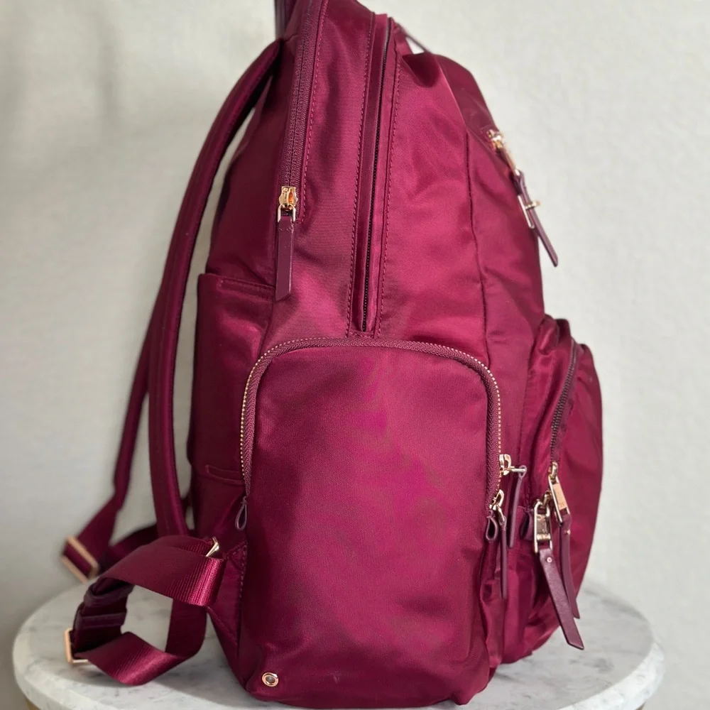 Tumi Voyageur Maroon Ladies Laptop Backpack with Gold Accents. Nylon and Leather - Picture 3 of 16